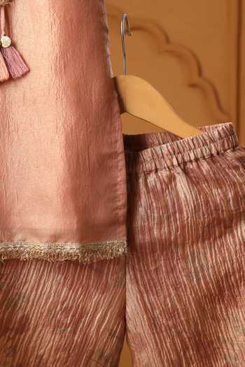 Casa Ninos_Peach Tissue Mirrors, Tassels, Fringe Noor Blush Kurta Palazzo Set _Online_at_Aza_Fashions