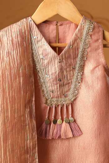 Buy_Casa Ninos_Peach Tissue Mirrors, Tassels, Fringe Noor Blush Kurta Palazzo Set _Online_at_Aza_Fashions