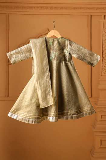 Shop_Casa Ninos_Gold Tissue Zari, Tassels Zeenat Wrap Angrakha Kurta And Dupatta Set _at_Aza_Fashions