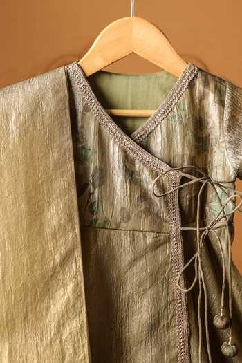 Shop_Casa Ninos_Gold Tissue Zari, Tassels Zeenat Wrap Angrakha Kurta And Dupatta Set _Online_at_Aza_Fashions