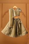 Buy_Casa Ninos_Gold Silk, Tissue Mirrors Olive Lehenga Set _at_Aza_Fashions