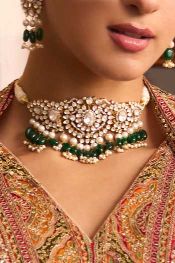 Kaari_Green Beads, Pearls, Stones Briza Polki Choker Set _Online_at_Aza_Fashions