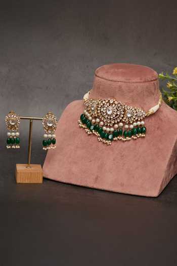Shop_Kaari_Green Beads, Pearls, Stones Briza Polki Choker Set _at_Aza_Fashions