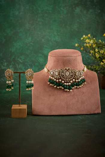Shop_Kaari_Green Beads, Pearls, Stones Briza Polki Choker Set _Online_at_Aza_Fashions
