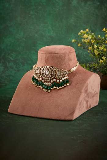 Kaari_Green Beads, Pearls, Stones Briza Polki Choker Set _at_Aza_Fashions