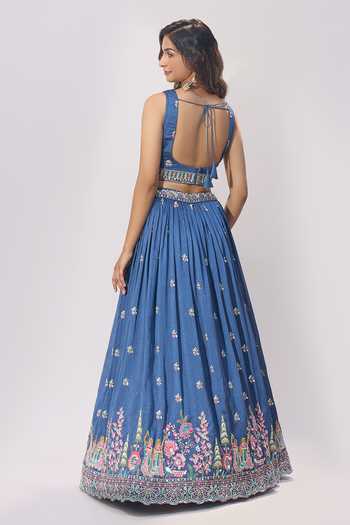 Shop_Samyukta Singhania_Blue Silk Embroidery, Sequins, Mirrors V-neck Lehenga Blouse Set _at_Aza_Fashions