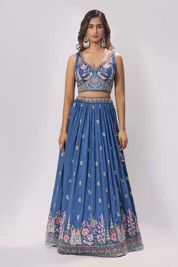 Samyukta Singhania_Blue Silk Embroidery, Sequins, Mirrors V-neck Lehenga Blouse Set _Online_at_Aza_Fashions