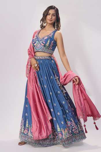 Buy_Samyukta Singhania_Blue Silk Embroidery, Sequins, Mirrors V-neck Lehenga Blouse Set _Online_at_Aza_Fashions