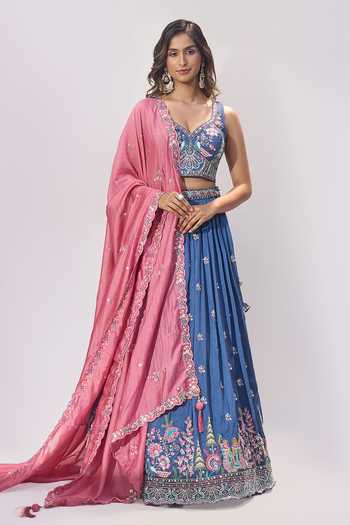 Shop_Samyukta Singhania_Blue Silk Embroidery, Sequins, Mirrors V-neck Lehenga Blouse Set _Online_at_Aza_Fashions