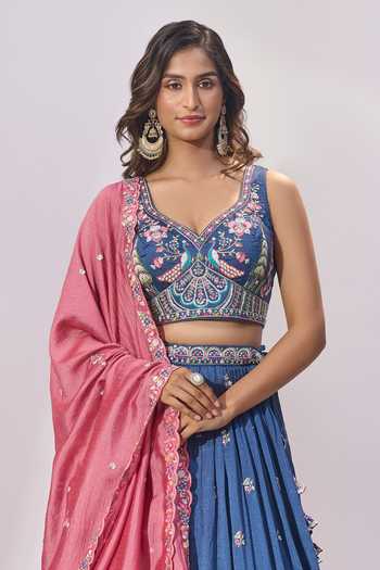 Samyukta Singhania_Blue Silk Embroidery, Sequins, Mirrors V-neck Lehenga Blouse Set _at_Aza_Fashions