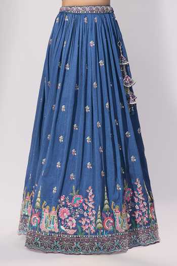 Buy_Samyukta Singhania_Blue Silk Embroidery, Sequins, Mirrors V-neck Lehenga Blouse Set 