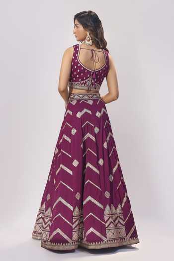 Shop_Samyukta Singhania_Burgundy Silk Embroidery, Zari, Sequins, Metallic Thread V-neck Lehenga Set _at_Aza_Fashions