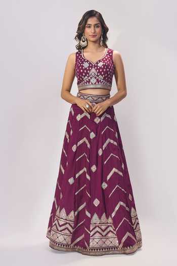 Samyukta Singhania_Burgundy Silk Embroidery, Zari, Sequins, Metallic Thread V-neck Lehenga Set _Online_at_Aza_Fashions