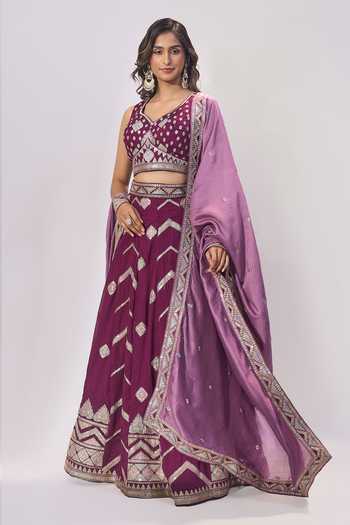 Buy_Samyukta Singhania_Burgundy Silk Embroidery, Zari, Sequins, Metallic Thread V-neck Lehenga Set _Online_at_Aza_Fashions