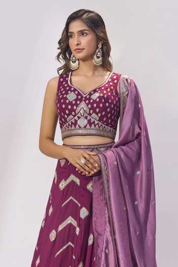 Shop_Samyukta Singhania_Burgundy Silk Embroidery, Zari, Sequins, Metallic Thread V-neck Lehenga Set _Online_at_Aza_Fashions