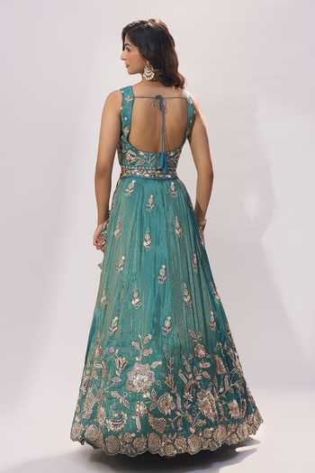 Shop_Samyukta Singhania_Green Tissue Embroidery, Zari, Sequins Sweetheart Neck Floral Lehenga Set _at_Aza_Fashions