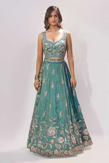 Buy_Samyukta Singhania_Green Tissue Embroidery, Zari, Sequins Sweetheart Neck Floral Lehenga Set _Online_at_Aza_Fashions