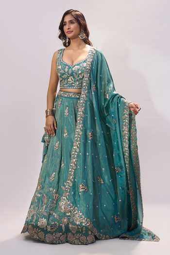 Shop_Samyukta Singhania_Green Tissue Embroidery, Zari, Sequins Sweetheart Neck Floral Lehenga Set _Online_at_Aza_Fashions