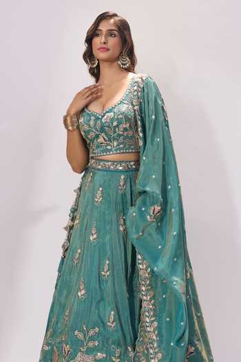 Buy_Samyukta Singhania_Green Tissue Embroidery, Zari, Sequins Sweetheart Neck Floral Lehenga Set 