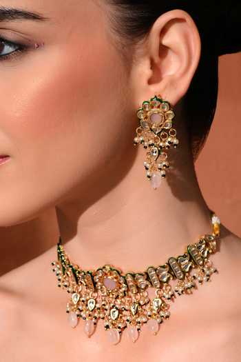 Shop_ChhavI'S Jewels_Pink Beads, Pearls, Stones Kundan Studded Choker And Earrings Set 