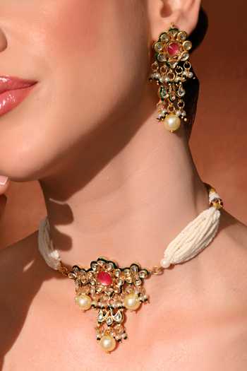 Buy_ChhavI'S Jewels_Pink Stones, Pearls Floral Kundan Embellished Choker Necklace Set _at_Aza_Fashions