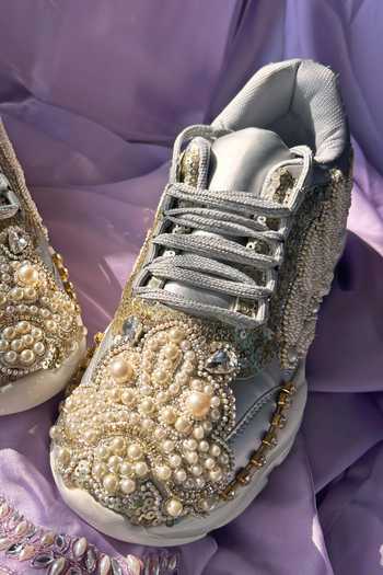 Chal Jooti_Silver Crown Of Pearl Embellished Sneakers _Online_at_Aza_Fashions