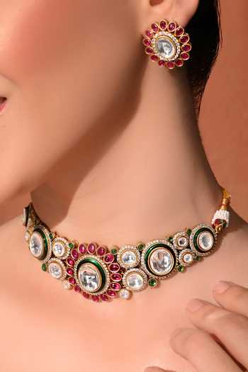Buy_ChhavI'S Jewels_Multi Color Kundan Embellished Necklace Set _at_Aza_Fashions