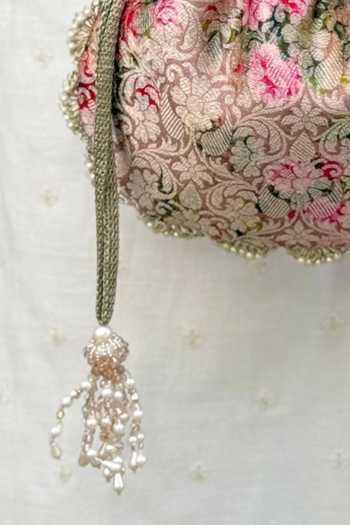 Amyra_Pink Beads, Pearls, Crystals, Tassels, Lace Elora Brocade Potli Bag  _Online_at_Aza_Fashions