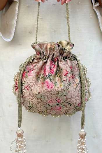 Shop_Amyra_Pink Beads, Pearls, Crystals, Tassels, Lace Elora Brocade Potli Bag  _at_Aza_Fashions