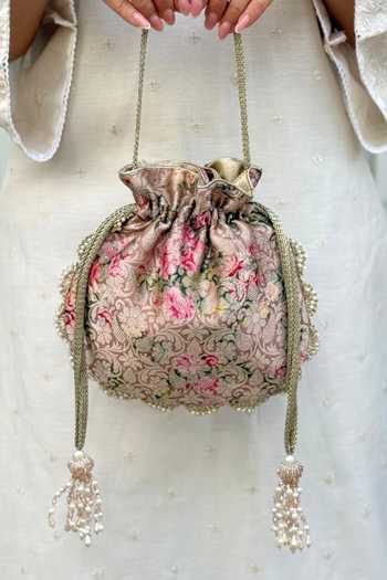 Buy_Amyra_Pink Beads, Pearls, Crystals, Tassels, Lace Elora Brocade Potli Bag  _at_Aza_Fashions