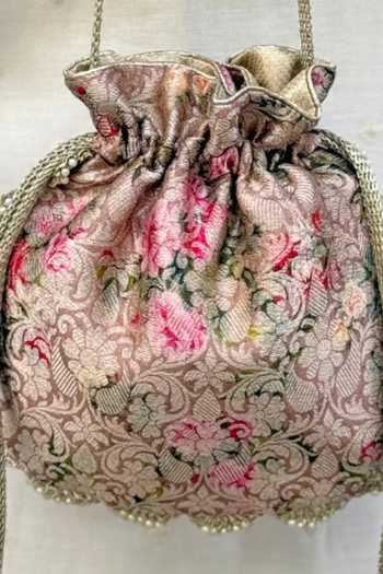 Amyra_Pink Beads, Pearls, Crystals, Tassels, Lace Elora Brocade Potli Bag  _at_Aza_Fashions