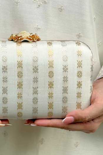 AMYRA_Off White Zari Palki Pure Kanchi Silk Clutch _Online_at_Aza_Fashions
