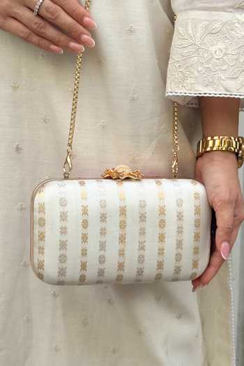 Buy_AMYRA_Off White Zari Palki Pure Kanchi Silk Clutch _Online_at_Aza_Fashions