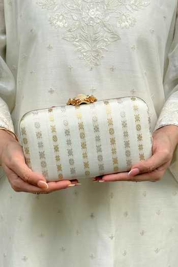 Shop_AMYRA_Off White Zari Palki Pure Kanchi Silk Clutch _Online_at_Aza_Fashions