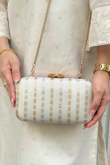 Shop_AMYRA_Off White Zari Palki Pure Kanchi Silk Clutch _at_Aza_Fashions