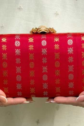 AMYRA_Red Zari Palki Pure Kanchi Silk Clutch _Online_at_Aza_Fashions