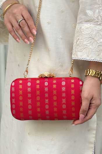 Shop_AMYRA_Red Zari Palki Pure Kanchi Silk Clutch _at_Aza_Fashions