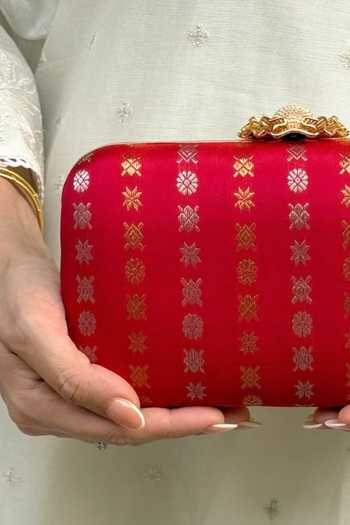 Shop_AMYRA_Red Zari Palki Pure Kanchi Silk Clutch _Online_at_Aza_Fashions