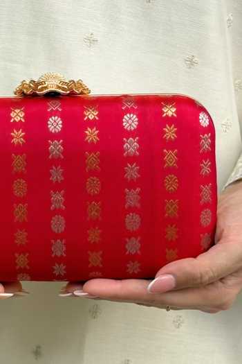 AMYRA_Red Zari Palki Pure Kanchi Silk Clutch _at_Aza_Fashions