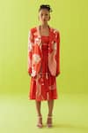 Buy Esha Arora Red Silk, Cotton Scoop Neck Gathered Dress With Blazer at Aza Fashions Buy_Esha Arora_Red Silk, Cotton Scoop Neck Gathered Dress With Blazer _at_Aza_Fashions