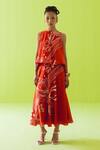 Buy_Esha Arora_Red Silk, Cotton High Neck Hand Printed Abstract Top And Skirt Set _at_Aza_Fashions