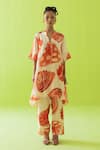 Buy_Esha Arora_Orange Split V-neck Printed Cotton Silk Tunic And Pant Set _at_Aza_Fashions