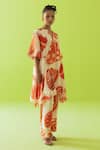 Esha Arora_Orange Split V-neck Printed Cotton Silk Tunic And Pant Set _at_Aza_Fashions
