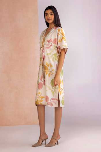 Kaveri_Off White Linen V-neck Tropical Oasis Cinched Midi Dress _Online_at_Aza_Fashions