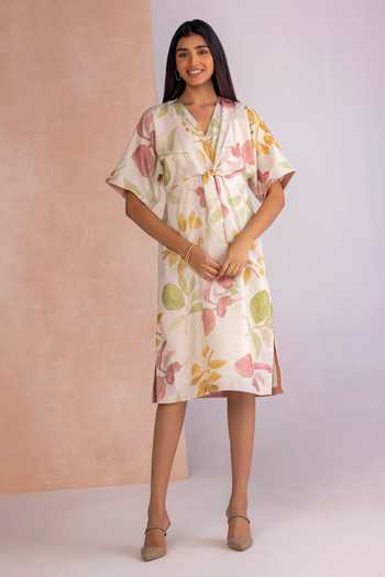 Buy_Kaveri_Off White Linen V-neck Tropical Oasis Cinched Midi Dress _Online_at_Aza_Fashions