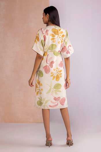 Shop_Kaveri_Off White Linen V-neck Tropical Oasis Cinched Midi Dress _at_Aza_Fashions