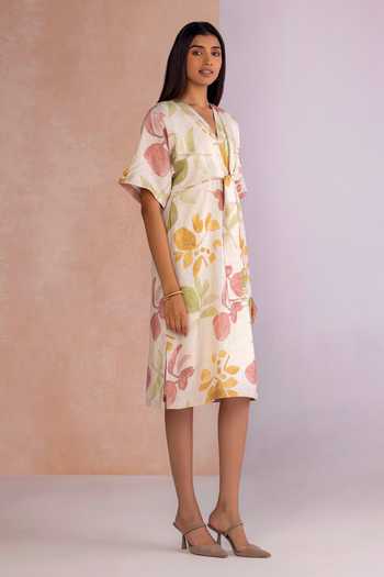 Shop_Kaveri_Off White Linen V-neck Tropical Oasis Cinched Midi Dress _Online_at_Aza_Fashions