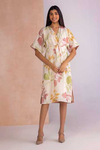 Kaveri_Off White Linen V-neck Tropical Oasis Cinched Midi Dress _at_Aza_Fashions