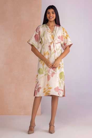 Buy_Kaveri_Off White Linen V-neck Tropical Oasis Cinched Midi Dress _at_Aza_Fashions