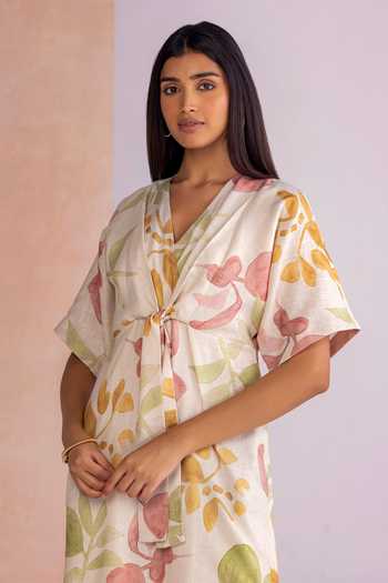 Buy_Kaveri_Off White Linen V-neck Tropical Oasis Cinched Midi Dress 